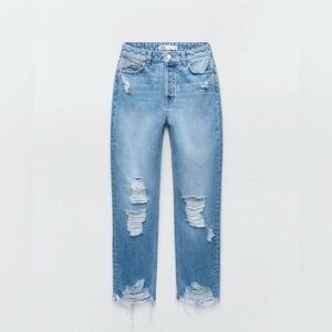 ZARA Z1975 RIPPED MOM FIT JEANS - MID BLUE